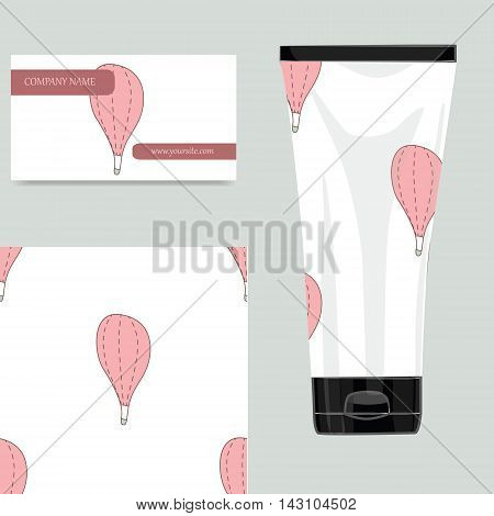 Cream tube and visit card template with airballoons in boho style. Vector illustration
