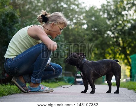 She communicates with the dog while walking. Street of the city summer. French Bulldog in black with a collar and leash