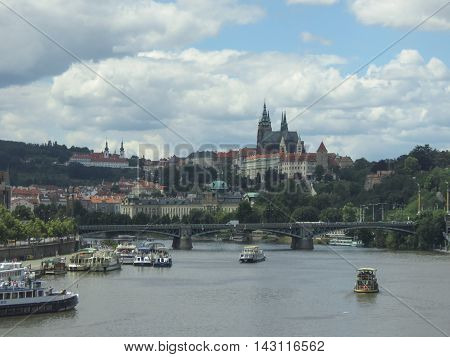 PRAGUE CZECH REPUBLIC - CIRCA JULY 2016: city centre with river cathedral and castle