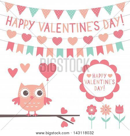 Cute cartoon Valentine's Day set with a pink owl