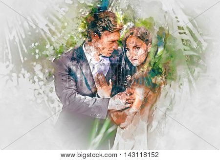 Digital watercolor painting of a beautiful couple in love