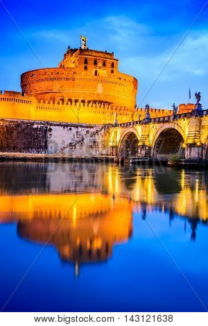 Rome Italy. Castle Sant Angelo twilight built by Hadrian emperor as mausoleum in 123AD ancient Roman Empire landmark.