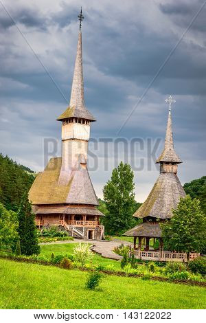Barsana Romania - Wooden church of Barsana monastery. Maramures region Transylvania.