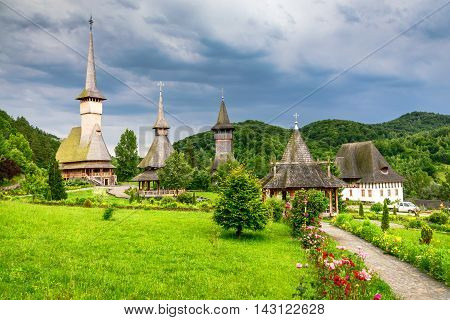 Maramures Romania. Wooden church of Barsana monastery Transylvania landmark.
