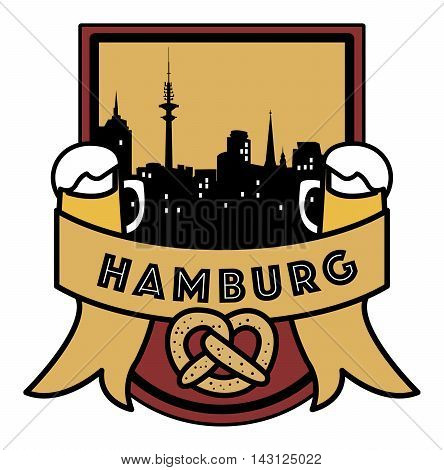 Symbol, German city, with abstract skyline, Hamburg, beer and pretzel, vector illustration