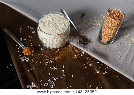 cereal grain glass saddle organic vegetarian oat healthy background diet table breakfast natural wooden healtn spices in a spoon