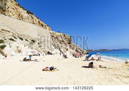 TURKEY KAPUTAS BEACH - MAY 29: Tourists on famous Kaputas beach near Kas city on May 29 2016 in Turkey