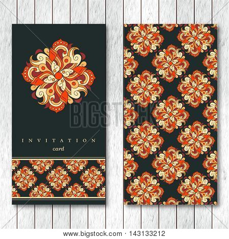 Template of greeting invitation card or brochure with hand drawn abstract elements. Vintage oriental style. Indian asian arabic islamic ottoman motif. Vector illustration.