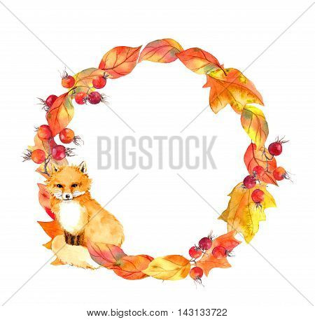 Cute fox in autumn leaves and berries. Autumn wreath. Watercolor circle border