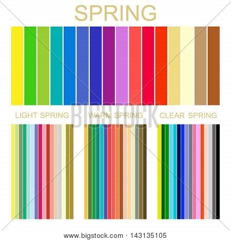Stock vector seasonal color analysis palette for spring type of female appearance. Set of palettes for light, warm and clear spring