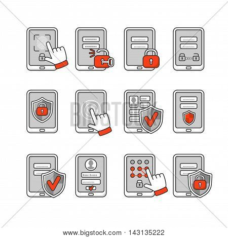Vector icons set of mobile security. Smartphone security concept. Password key and lock on smartphone. Signs to protect the phone.