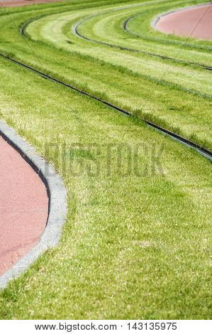 Green grass with sinuous rails in the day
