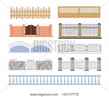 Fences Of Different Materialls Set Of Designs. Assortment Of Edging And Fencing Creative Ideas.