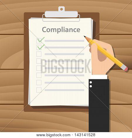 compliance concept agreement with hand hold pencil signing paper document on clipboard on wood table