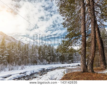 Mountain River Baksan At Wintertime