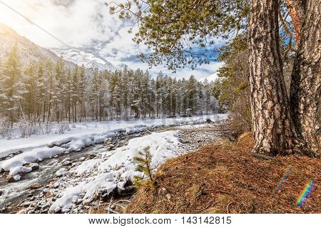 Mountain River Baksan At Wintertime