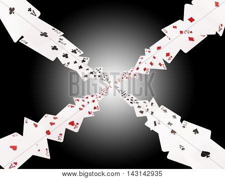 Game cards flying . Isolate on white-black background.