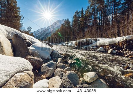 Mountain River Baksan At Wintertime