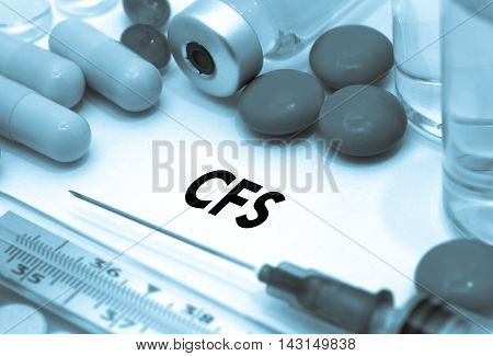 CFS (chronic fatigue syndrome). Treatment and prevention of disease. Syringe and vaccine. Medical concept. Selective focus