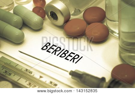 Beriberi. Treatment and prevention of disease. Syringe and vaccine. Medical concept. Selective focus