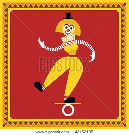 Funny female clown teetering on the coil. The equilibrist balances. Flat style. Vector illustration