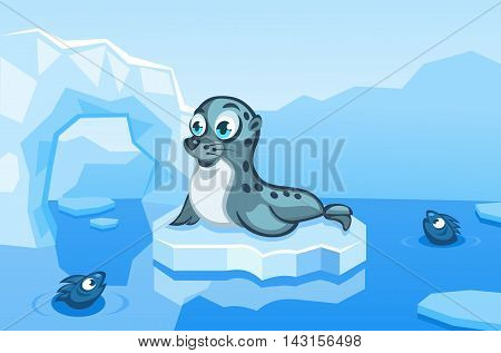 Illustration of a navy seal on an arctic vector background with ice floes, icebergs, water and fishes