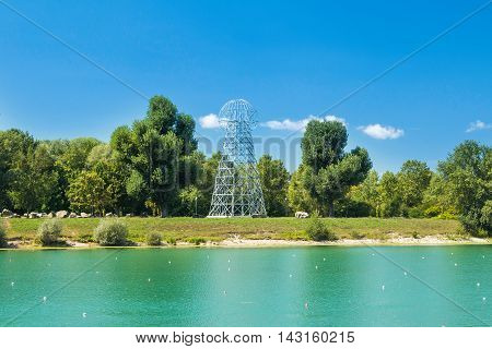 Tesla tower on Jarun lake in Zagreb, Croatia, summer day