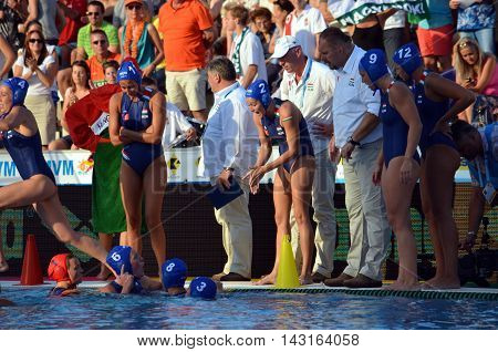 Budapest, Hungary - Jul 16, 2014. Hungary's Andras MERESZ head coach talking about the tactics. The Waterpolo European Championship was held in Alfred Hajos Swimming Centre in 2014.