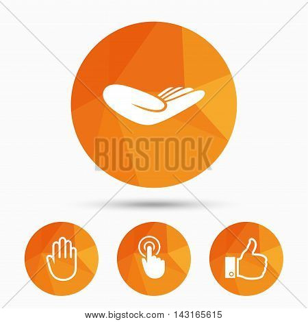 Hand icons. Like thumb up symbol. Click here press sign. Helping donation hand. Triangular low poly buttons with shadow. Vector