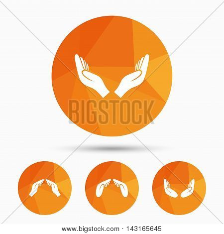 Hands icons. Insurance protection signs. Human helping donation hands. Prayer meditation hands sybmols. Triangular low poly buttons with shadow. Vector