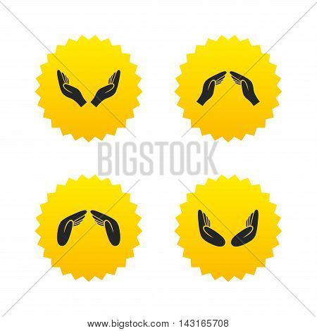 Hands icons. Insurance protection signs. Human helping donation hands. Prayer meditation hands sybmols. Yellow stars labels with flat icons. Vector