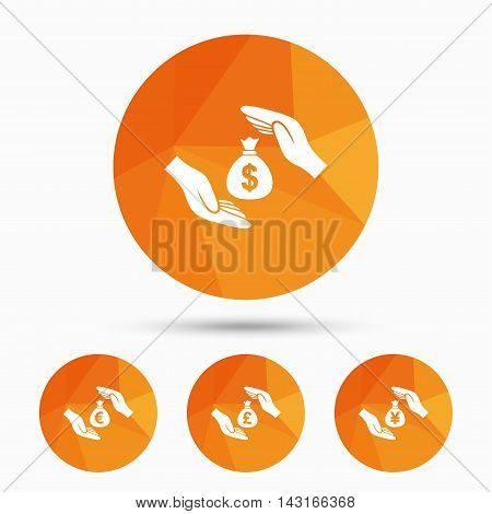 Hands insurance icons. Money bag savings insurance symbols. Hands protect cash. Currency in dollars, yen, pounds and euro signs. Triangular low poly buttons with shadow. Vector