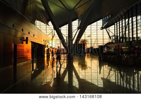 Gdansk Poland May 09 2016: Interior of modern building of Lech Valesa airport in Gdansk at sunset time
