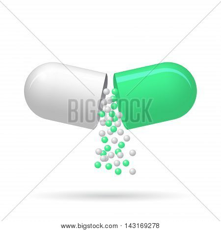 Opened pill with dropdown granules 3d illustration isolated on white background vector eps 10