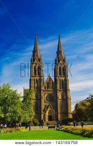 Medieval Kostel sv. Ludmily - Church of St. Ludmila - in Prague, Czech republic, travel outdoor european religious image