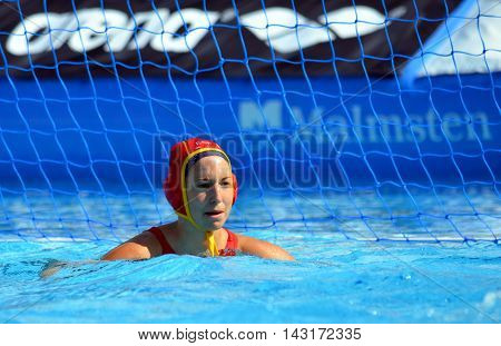 Budapest, Hungary - Jul 16, 2014. Spain's ESTER RAMOS Laura (ESP, 1)T goalkeeper. he Waterpolo European Championship was held in Alfred Hajos Swimming Centre in 2014.