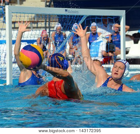Budapest, Hungary - Jul 16, 2014. Russia against Spain. 10-9. The Waterpolo European Championship was held in Alfred Hajos Swimming Centre in 2014.