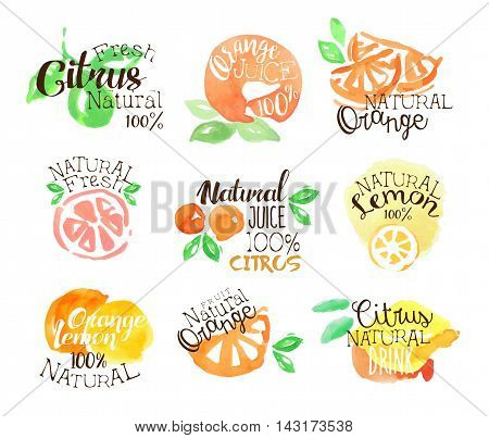 Fesh Citrus Juice Promo Signs Colorful Set Of Watercolor Stylized Logo With Text On White Background