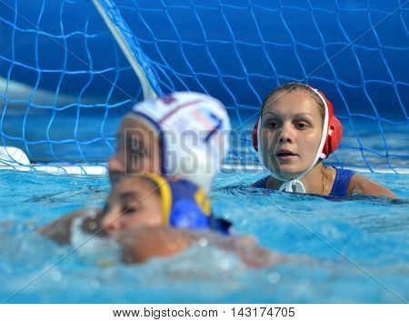Budapest, Hungary - Jul 16, 2014. Focus on KARNAUKH Anna (RUS, 13) the russian goalkeeper. The Waterpolo European Championship was held in Alfred Hajos Swimming Centre in 2014.