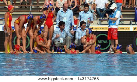 Budapest, Hungary - Jul 16, 2014. Spain's OCA Miguel head coach talking about the tactics. The Waterpolo European Championship was held in Alfred Hajos Swimming Centre in 2014.