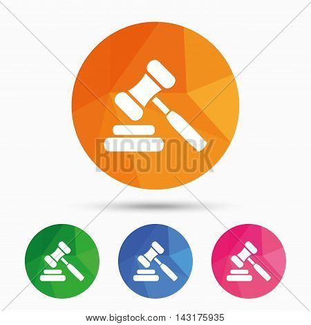 Auction hammer icon. Law judge gavel symbol. Triangular low poly button with flat icon. Vector