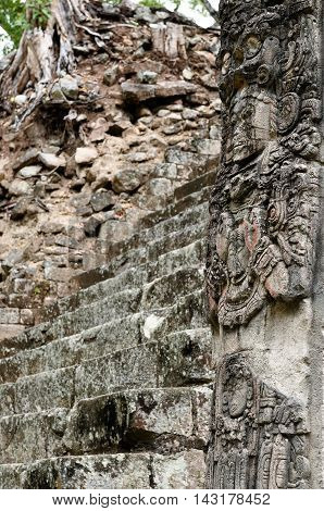 Central America Honduras Mayan city ruins in Copan. The picture presents detail of the Stela P on the West Plaza