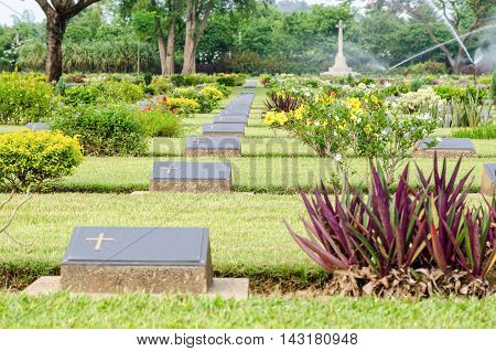 Chungkai War Cemetery this is historical monuments where to respect prisoners of the World War 2 who rest in peace here Kanchanaburi Province Thailand