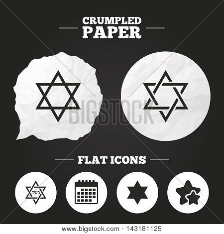 Crumpled paper speech bubble. Star of David sign icons. Symbol of Israel. Paper button. Vector