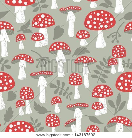 Cute amanita vector seamless pattern with leaf and berries. Poisonus mushrooms doodle style wallpaper.