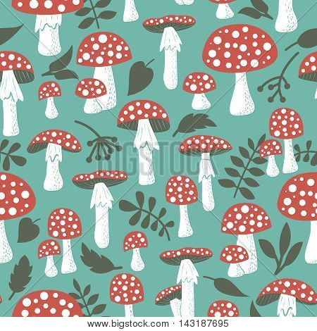 Cute amanita vector seamless pattern with leaf and berries. Poisonus mushrooms doodle style wallpaper.