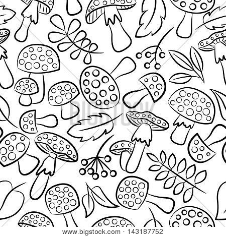 Cute amanita vector seamless pattern with leaf and berries. Poisonus mushrooms doodle style wallpaper.