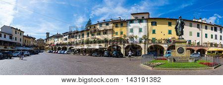 Greve in Chianti Italy - August 2 2016: The Piazza Giacomo Matteotti in the city of Greve in Chianti Tuscany Italy.