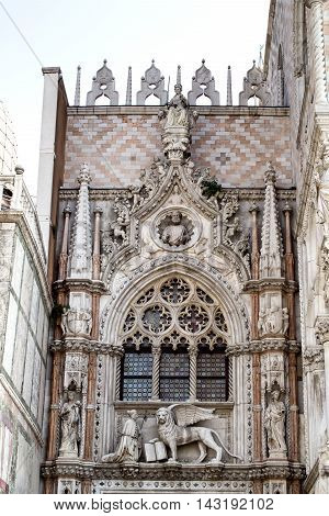 Facade of Porta della Carta of Doge's Palace, St Mark's Square. Venice. Italy