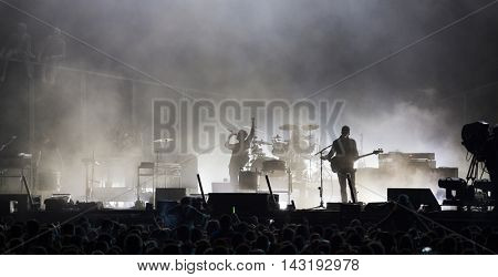 Bontida, Romania - July 17, 2016: Singer Dan Smith of english band Bastille singing during a live performance at Electric Castle festival
